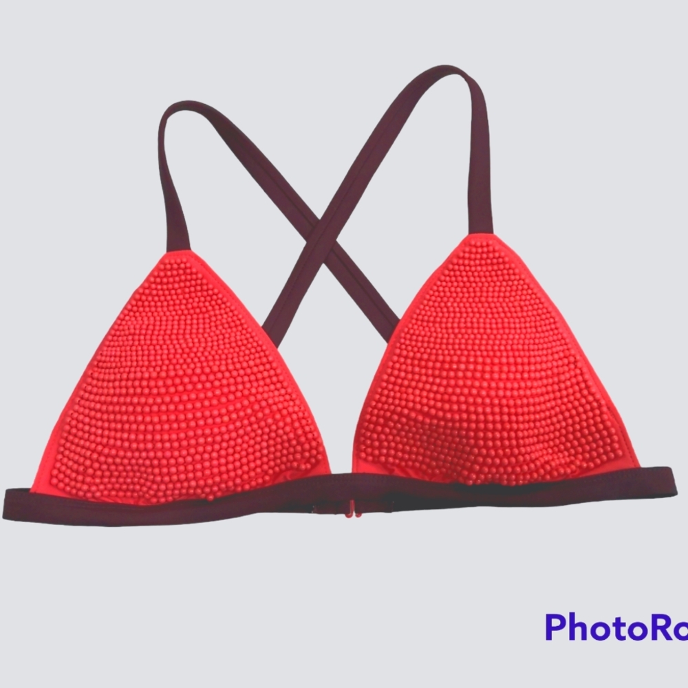 aerie triangle bikini top, coral beading on maroon fabric, like new, XL